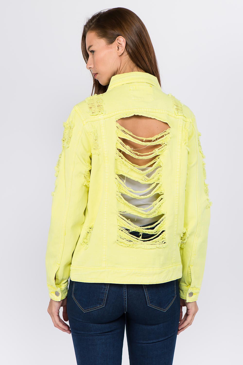 American Bazi Distressed Back Button Down Denim Jacket-BT8D