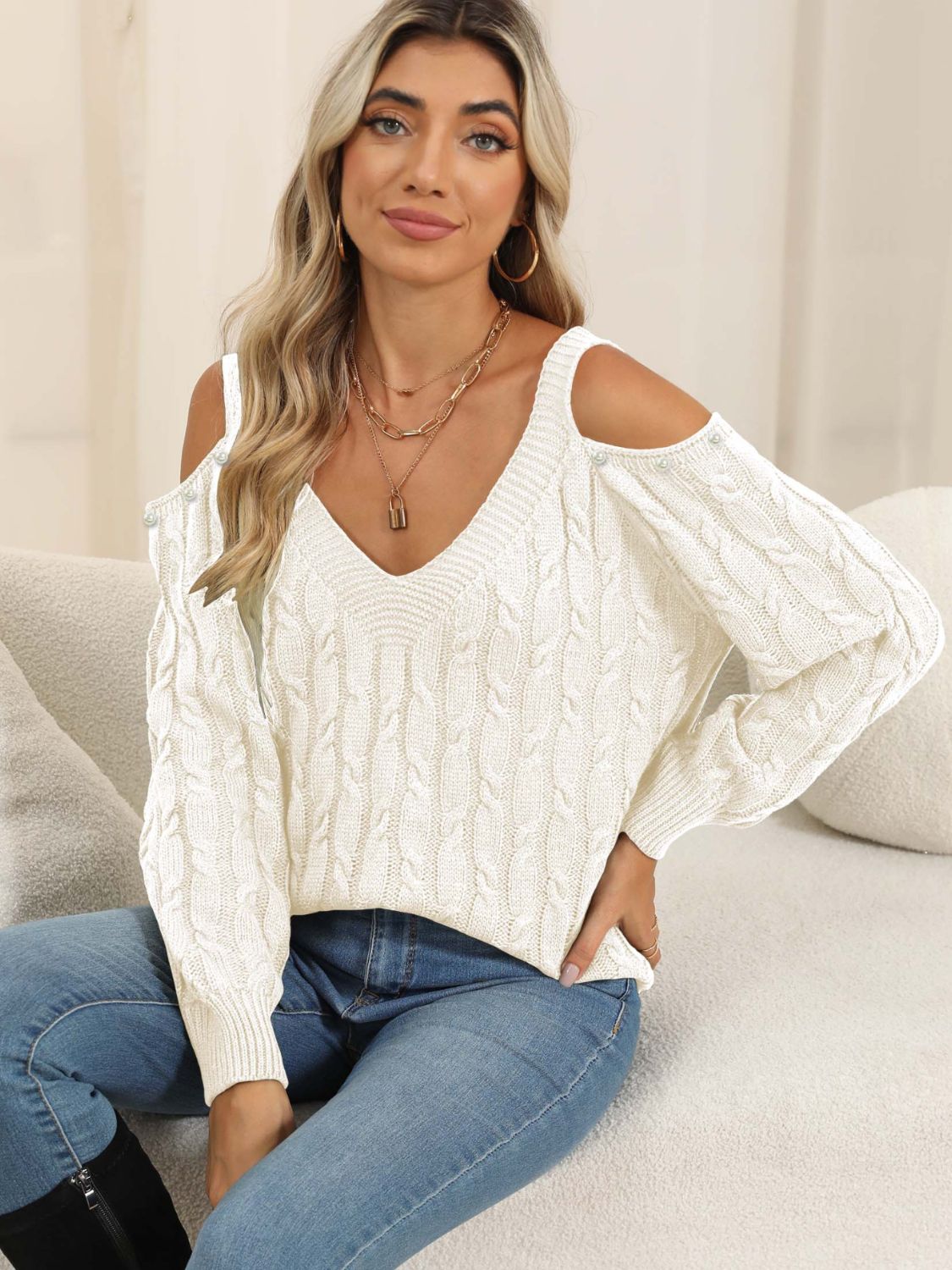 Cable-Knit Cold Shoulder Sweater-BT8D