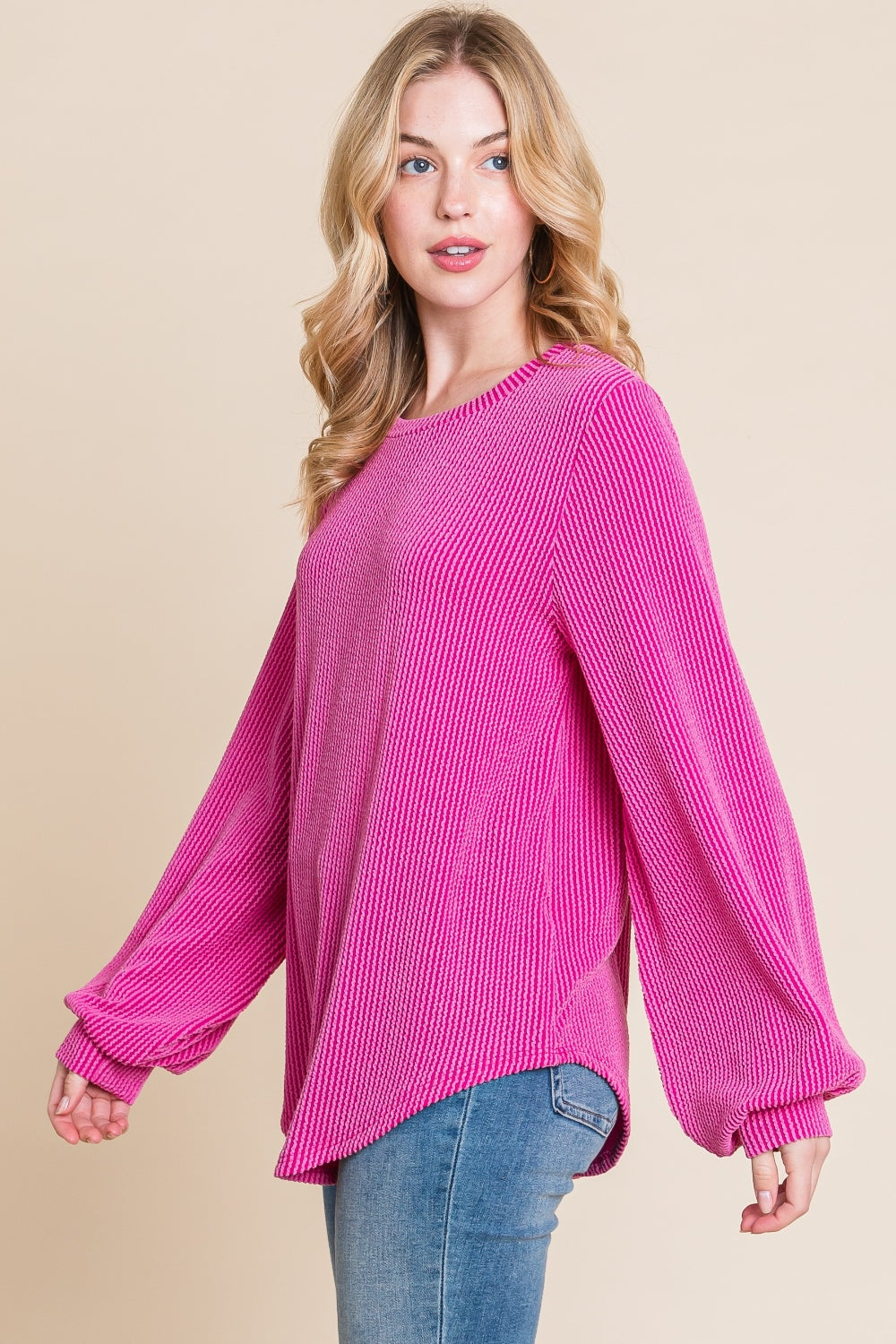 BOMBOM Long Sleeve Curved Hem Ribbed T-Shirt-BT8D