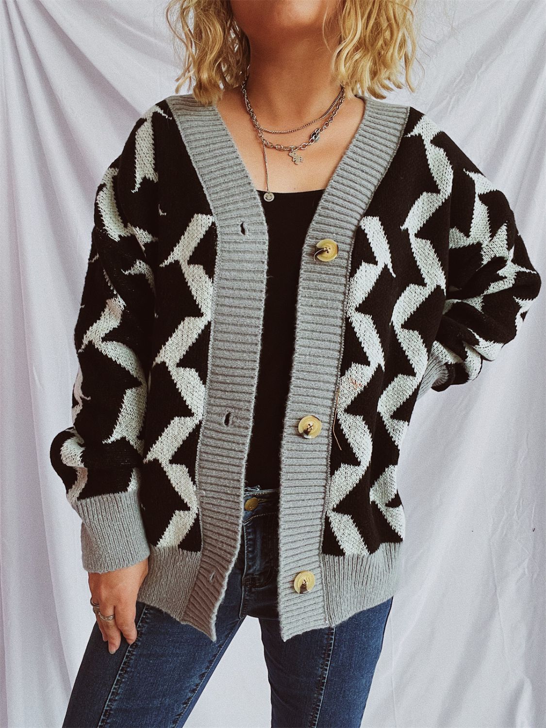 Contrast Trim Geometric V-Neck Long Sleeve Cardigan-BT8D
