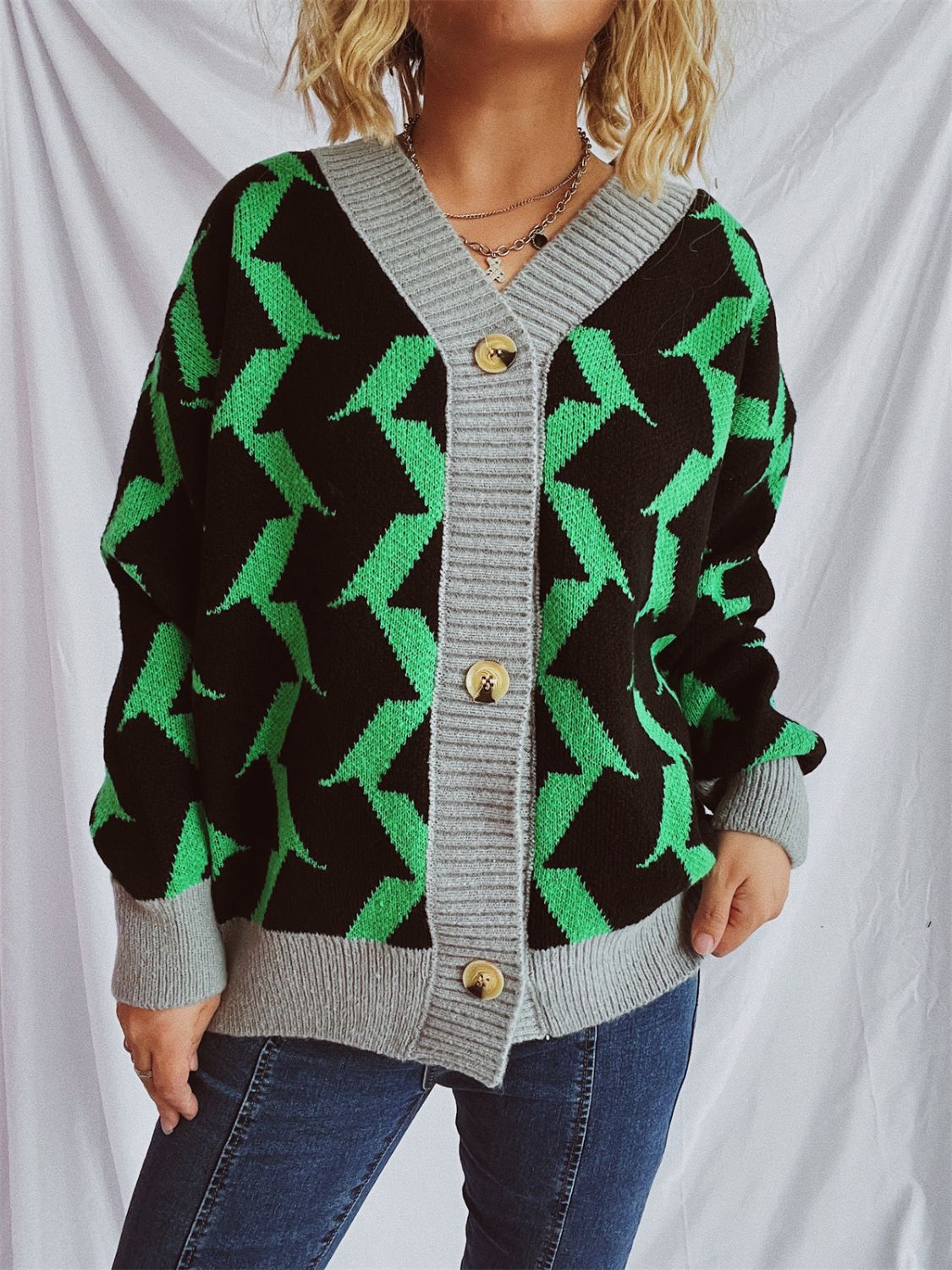 Contrast Trim Geometric V-Neck Long Sleeve Cardigan-BT8D