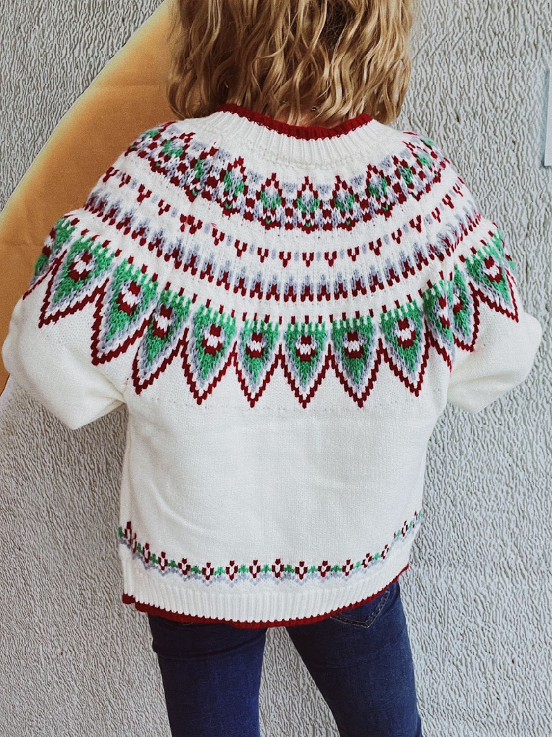 Contrast Geometric Round Neck Long Sleeve Cardigan-BT8D