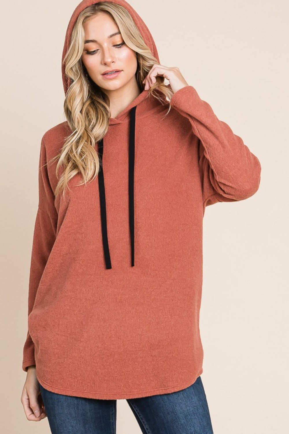 BOMBOM Contrast Drawstring Drop Shoulder Knit Hoodie-BT8D