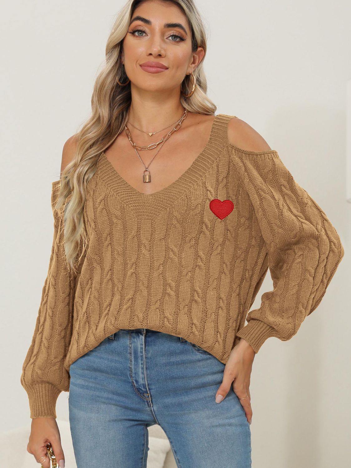 Cable-Knit Heart V-Neck Sweater-BT8D