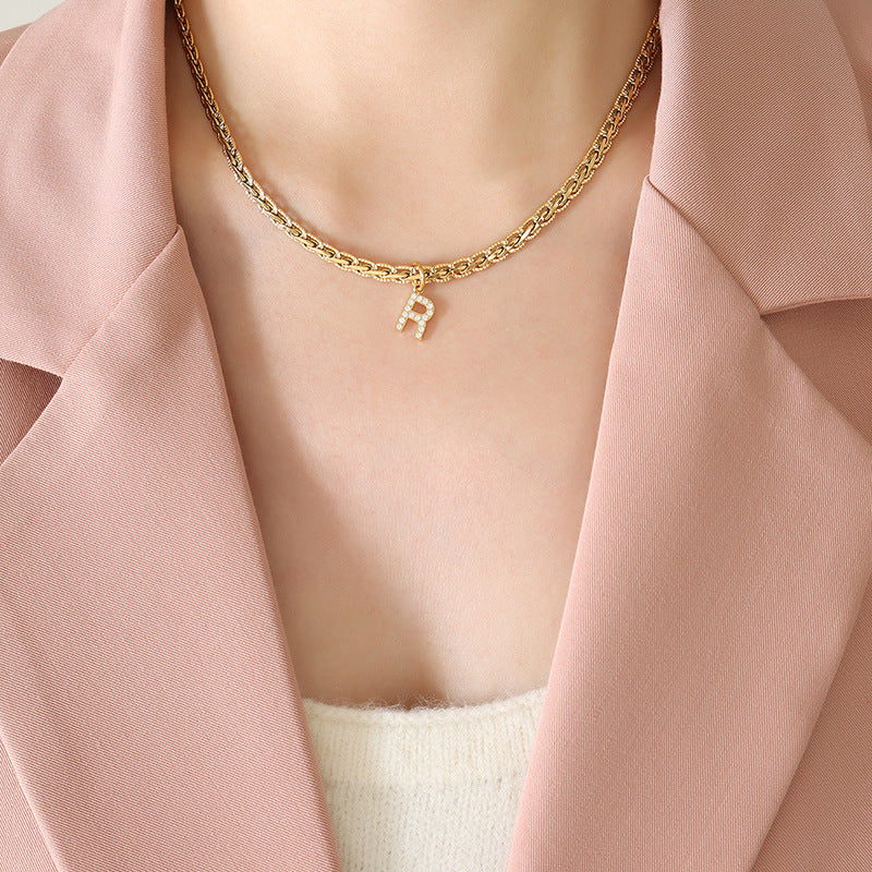Brass Inlaid Zircon Letter Pendant Necklace-BT8D
