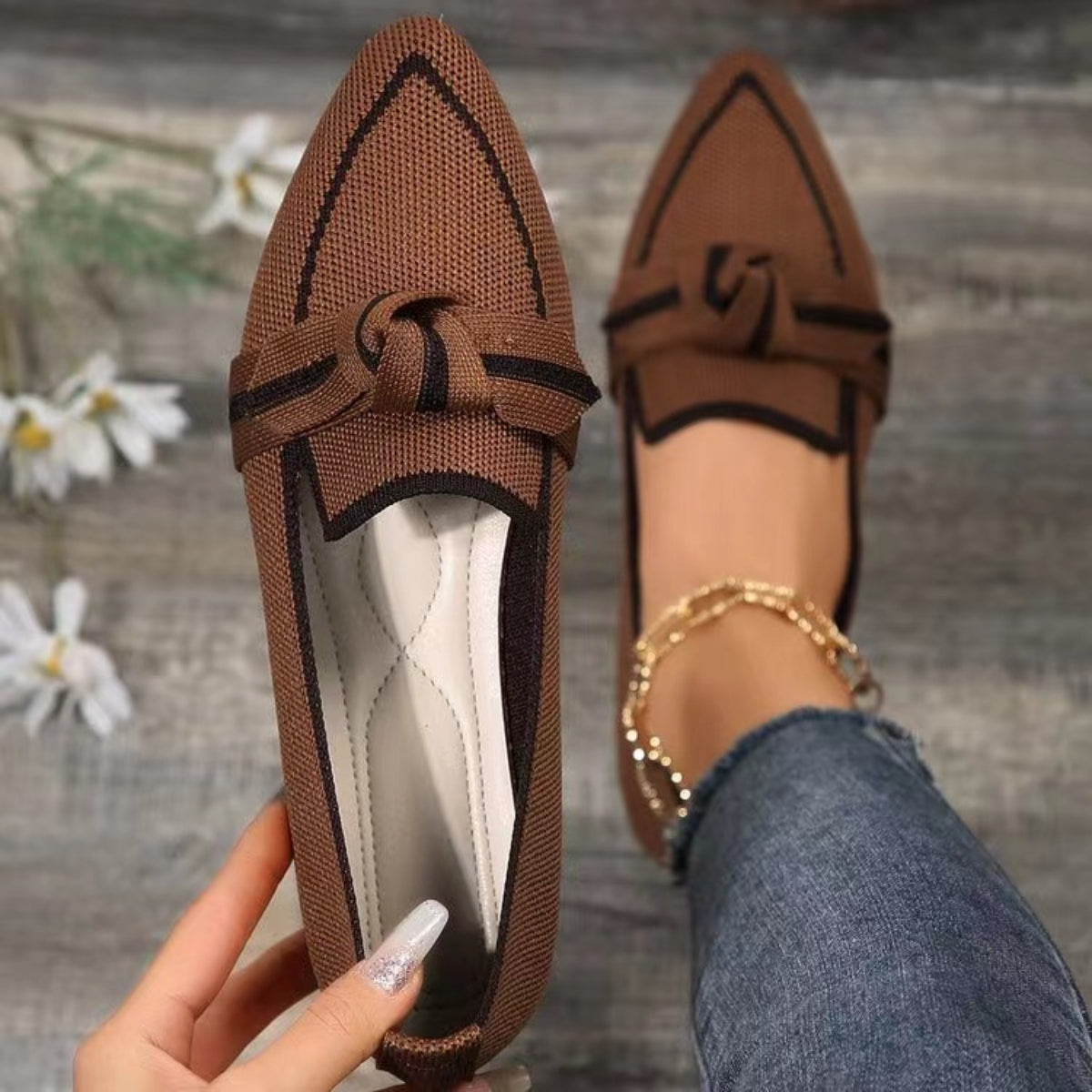 Bow Contrast Trim Point Toe Loafers-BT8D