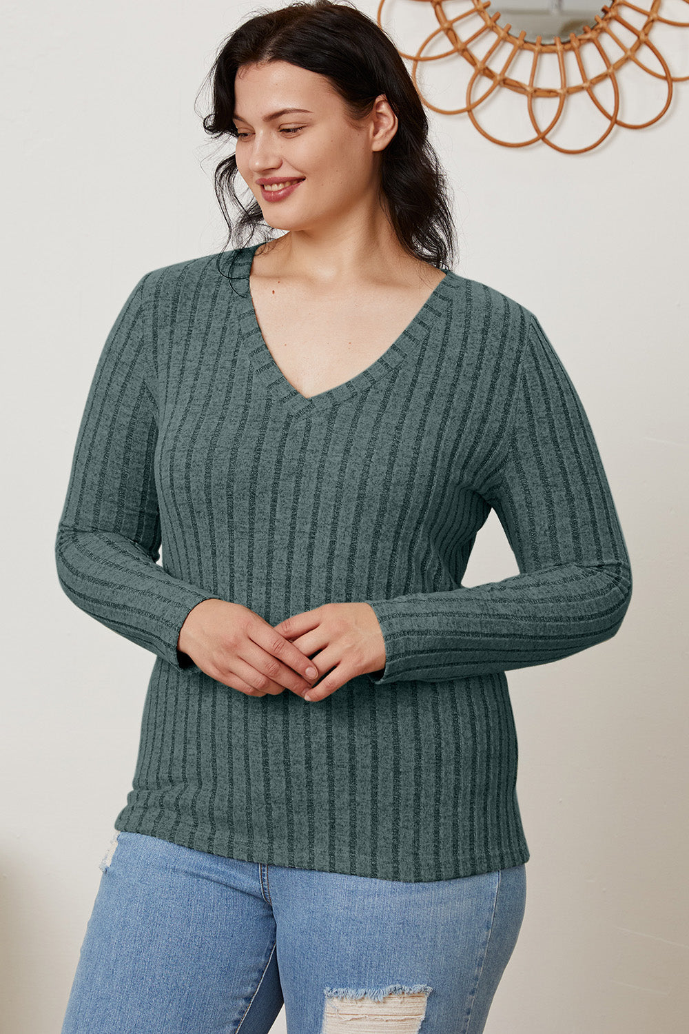 Basic Bae Full Size Ribbed V-Neck Long Sleeve T-Shirt-BT8D