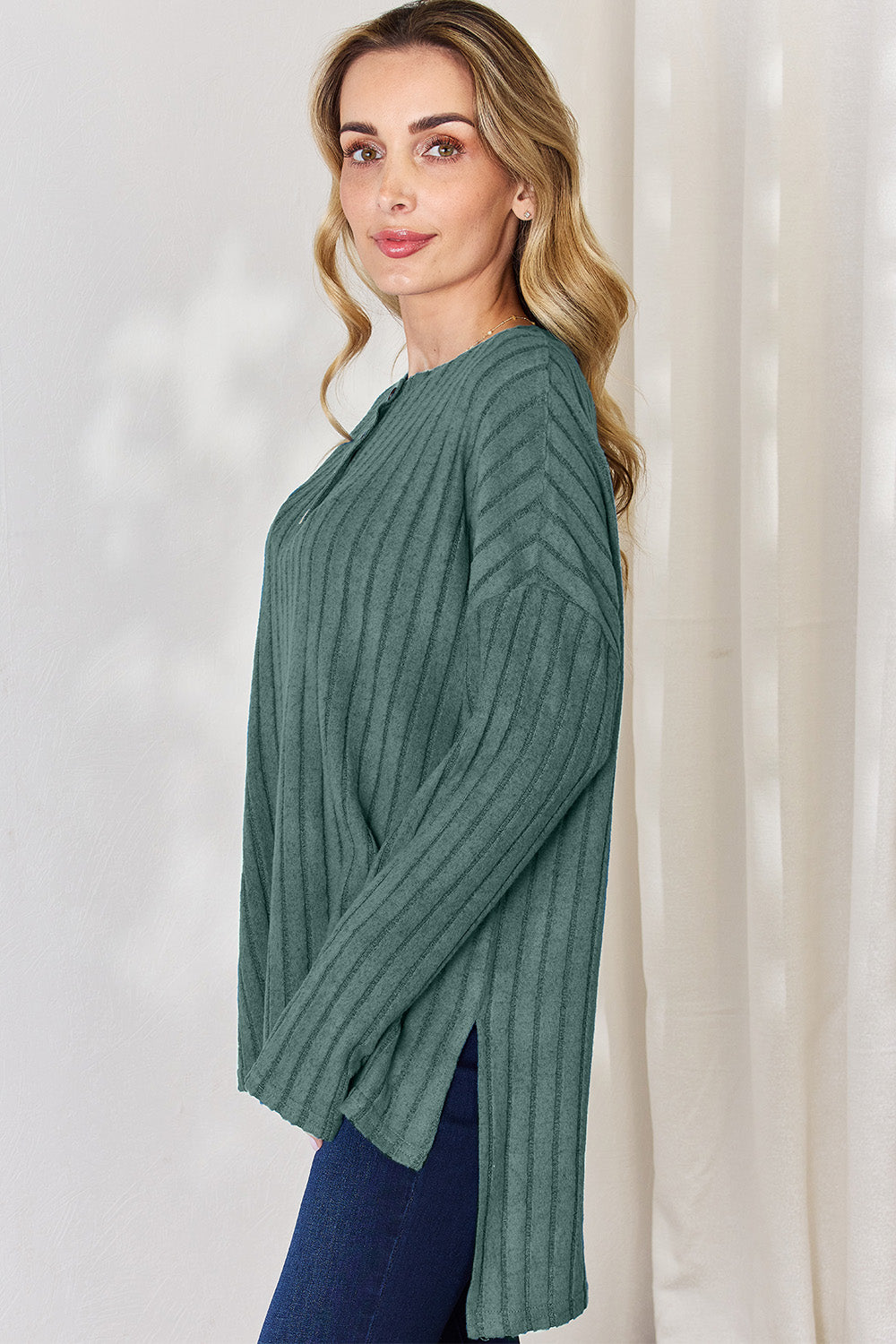 Basic Bae Full Size Ribbed Half Button Long Sleeve High-Low T-Shirt-BT8D