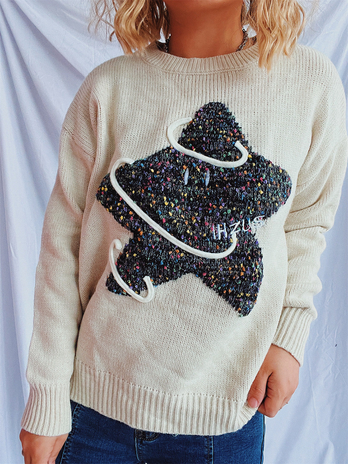 Contrast Star Round Neck Long Sleeve Sweater-BT8D