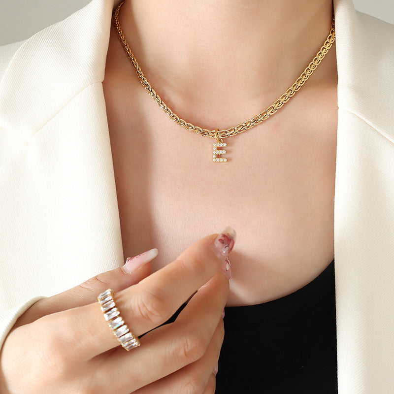 Brass Inlaid Zircon Letter Pendant Necklace-BT8D