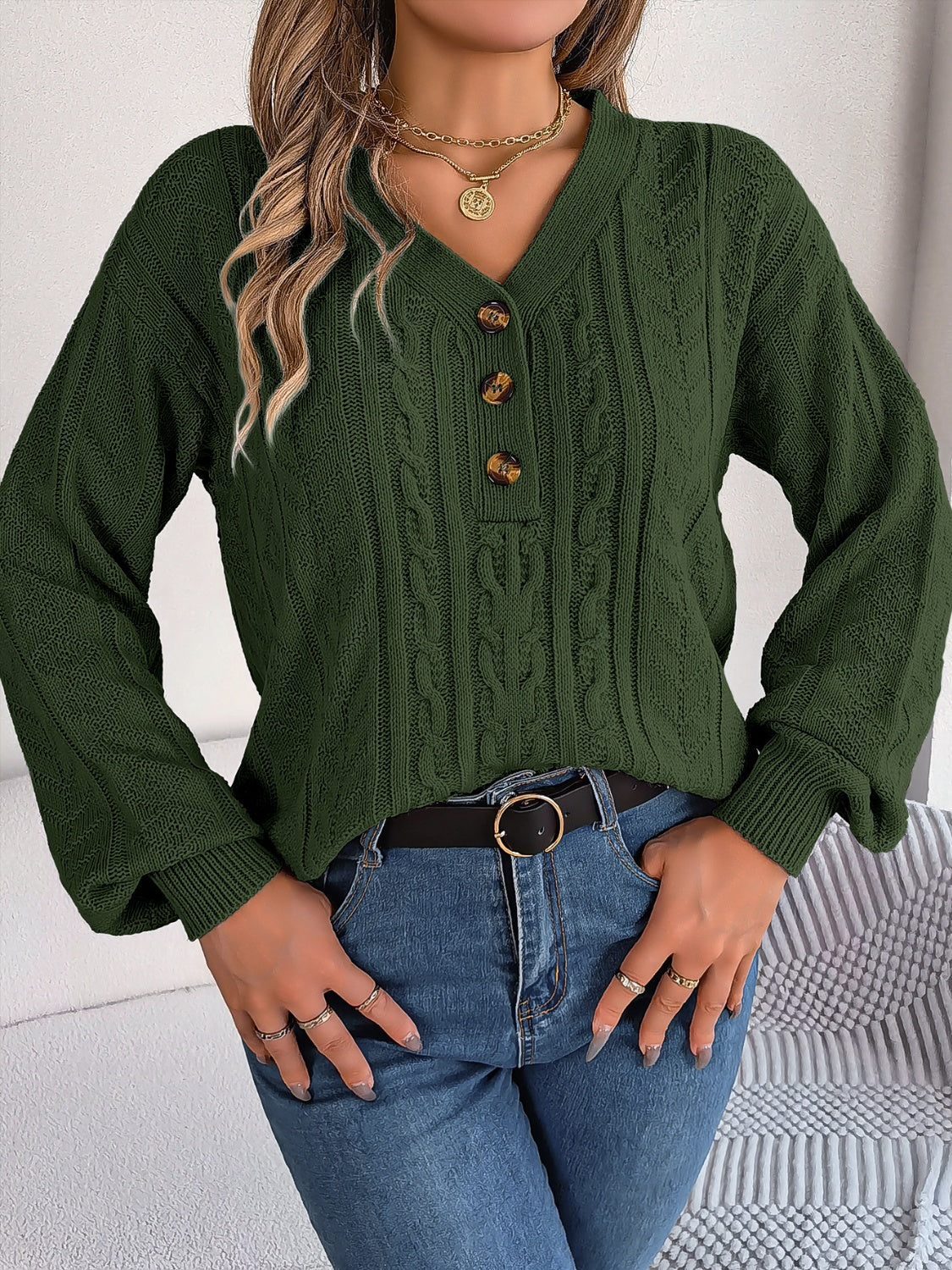 Cable-Knit V-Neck Long Sleeve Sweater-BT8D