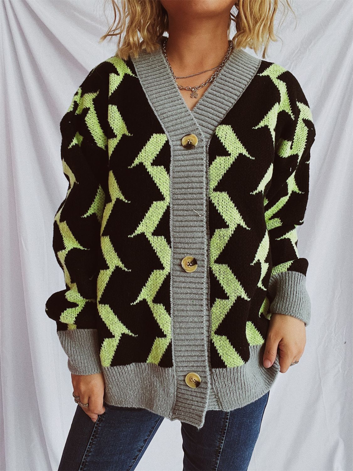 Contrast Trim Geometric V-Neck Long Sleeve Cardigan-BT8D