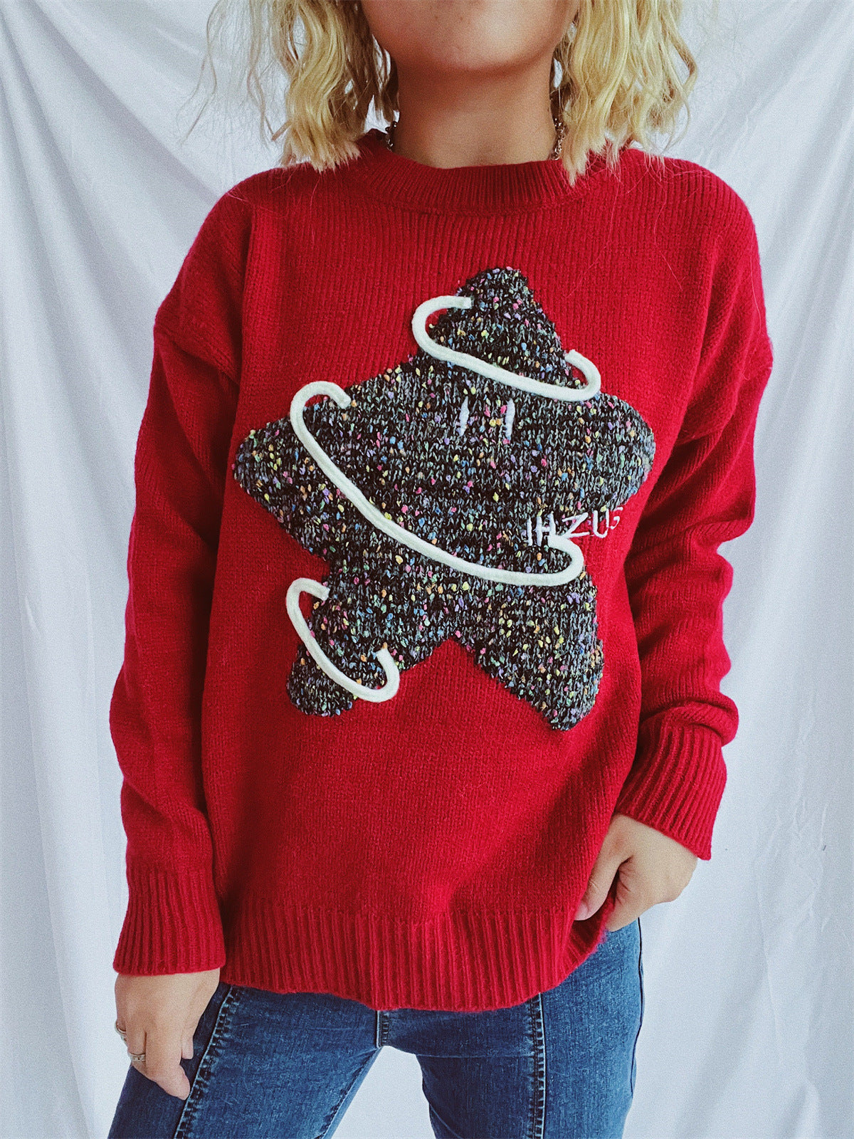Contrast Star Round Neck Long Sleeve Sweater-BT8D