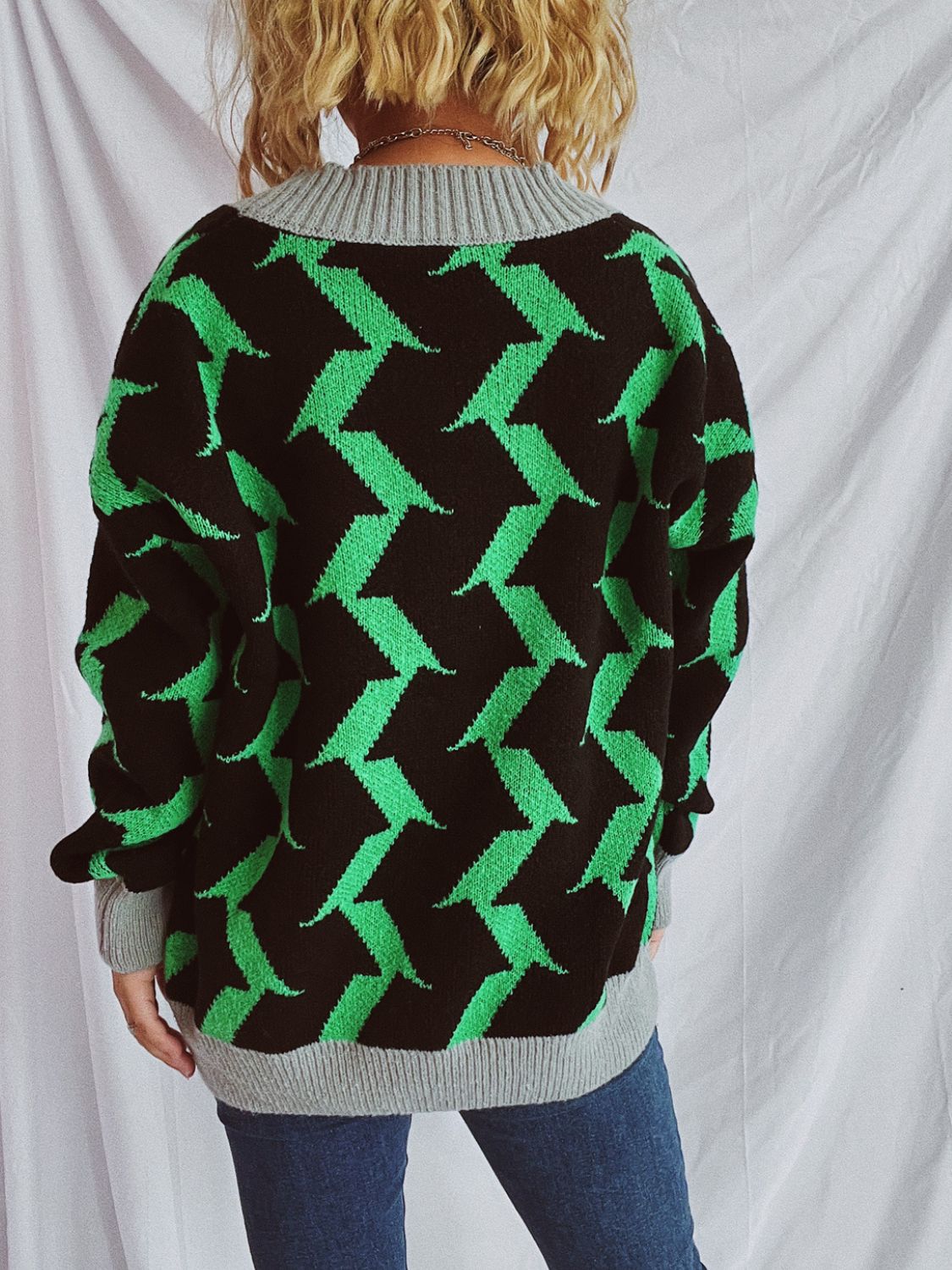 Contrast Trim Geometric V-Neck Long Sleeve Cardigan-BT8D
