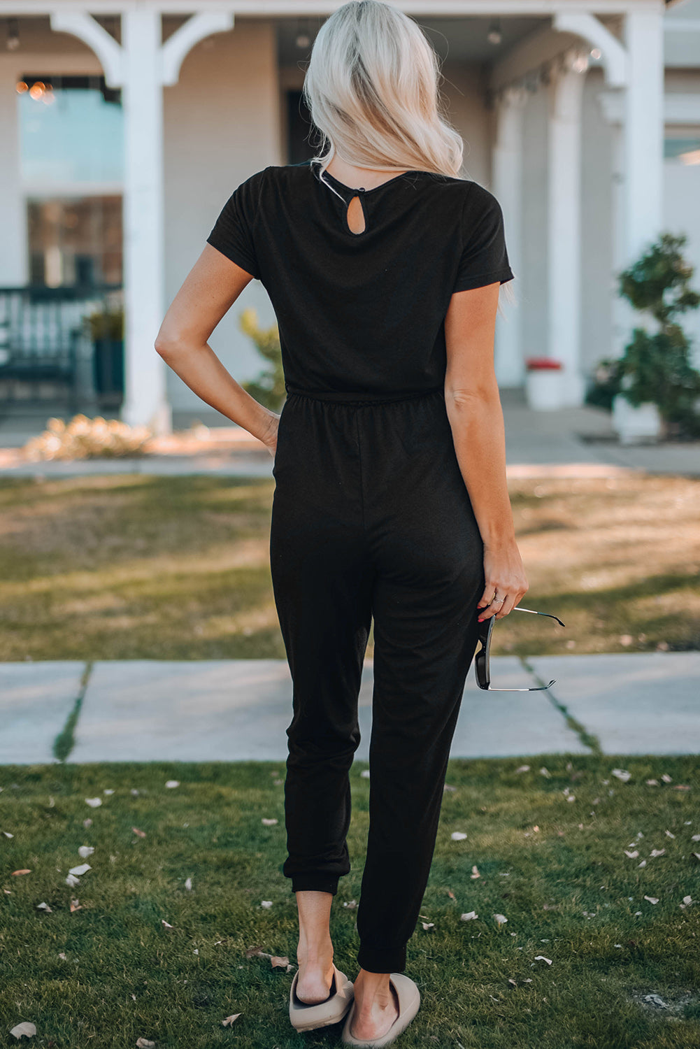 Belted V-Neck Jogger Jumpsuit-BT8D