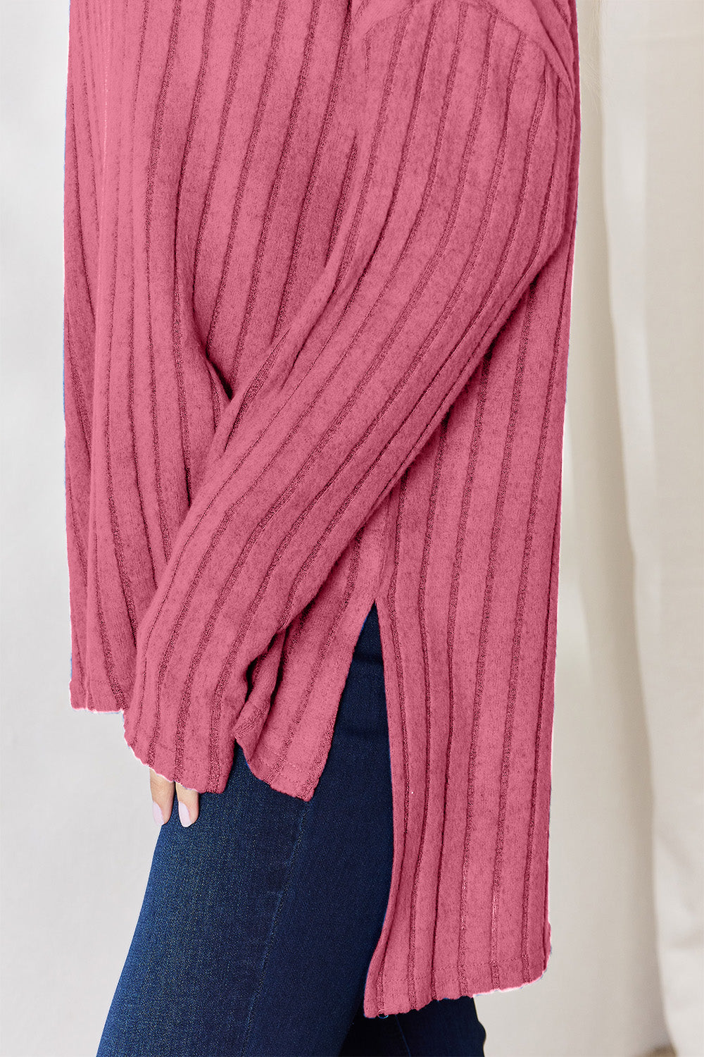 Basic Bae Full Size Ribbed Half Button Long Sleeve High-Low T-Shirt-BT8D