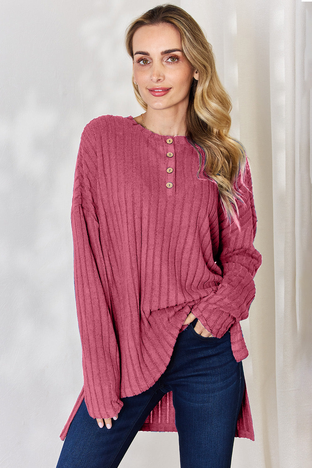 Basic Bae Full Size Ribbed Half Button Long Sleeve High-Low T-Shirt-BT8D