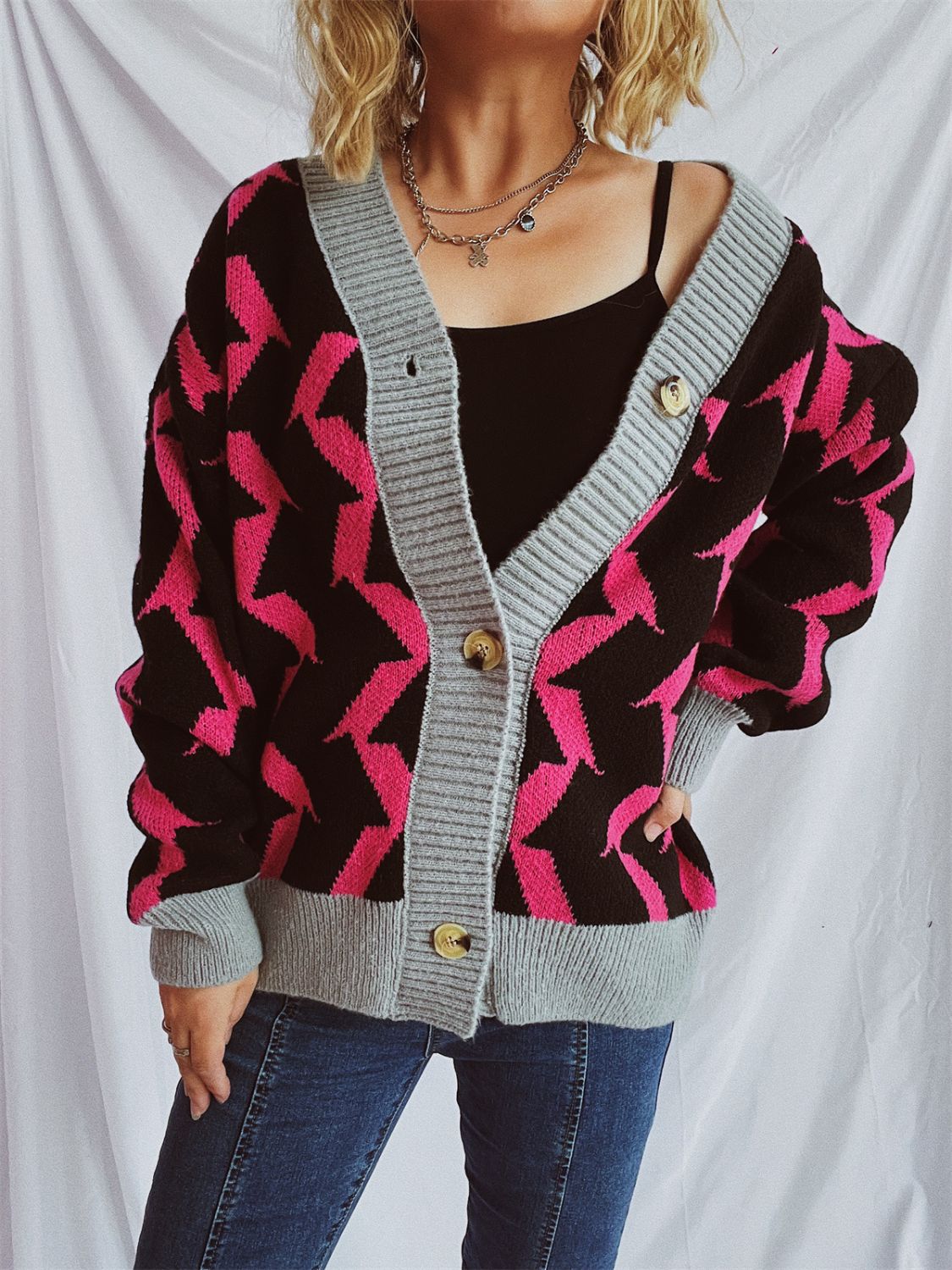 Contrast Trim Geometric V-Neck Long Sleeve Cardigan-BT8D