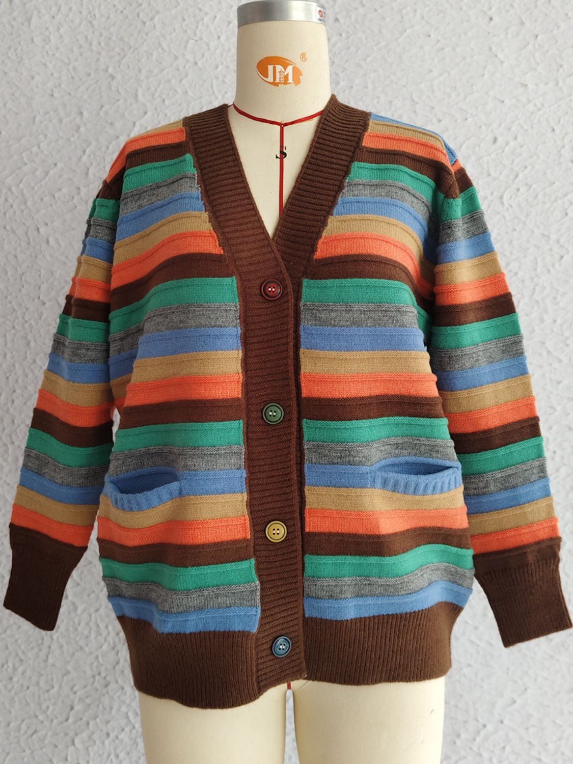 Contrast Stripes Button Up Long Sleeve Cardigan-BT8D