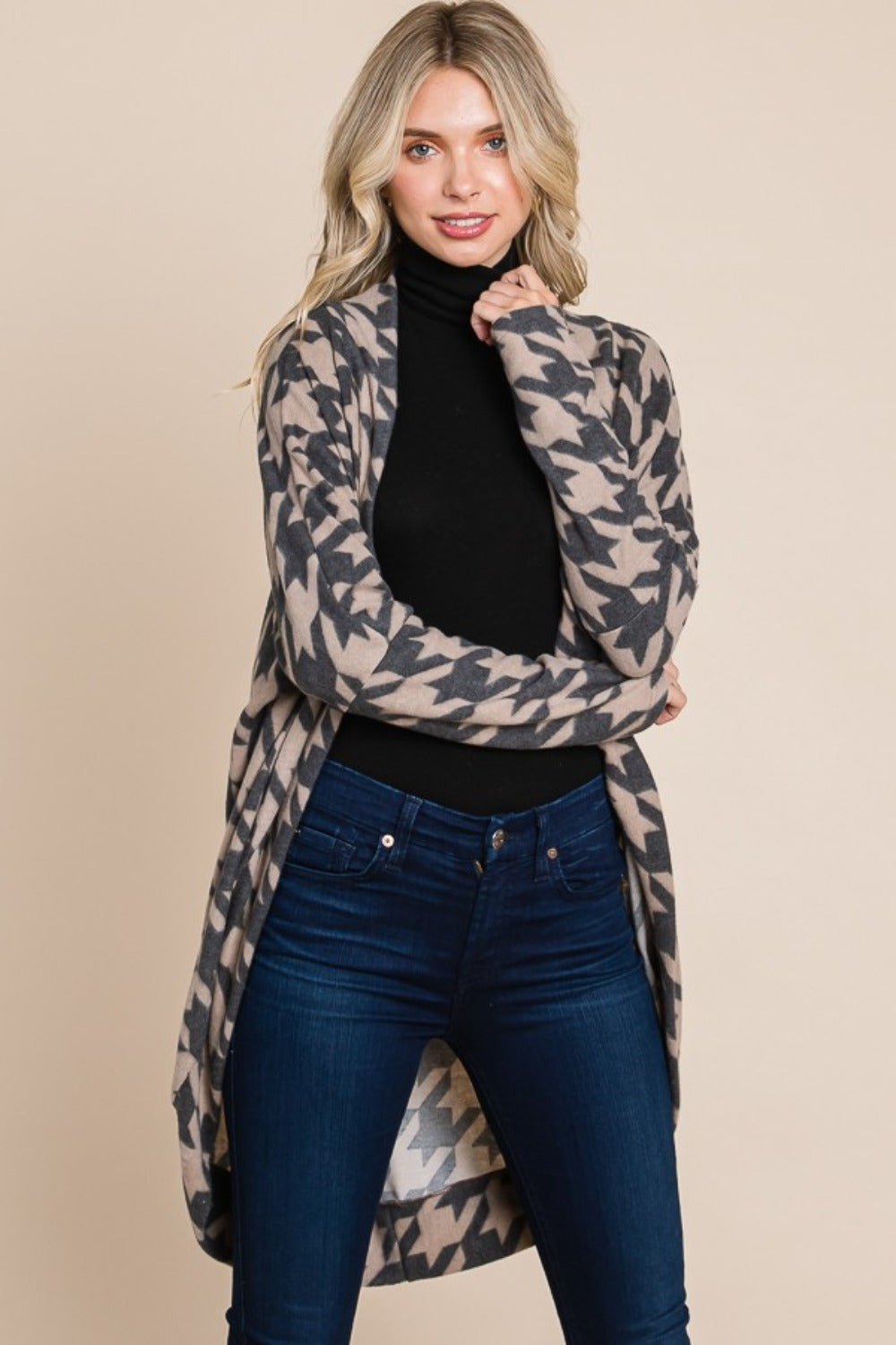 BOMBOM Houndstooth Open Front Cocoon Knit Cardigan-BT8D