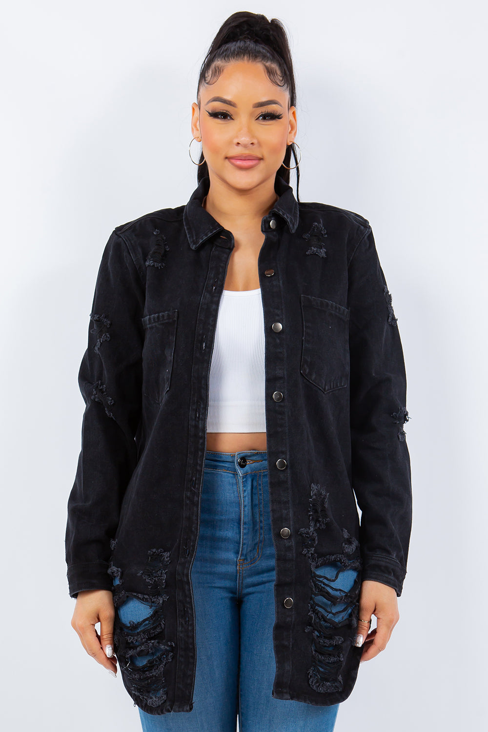 American Bazi Distressed Button Up Long Sleeve Denim Jacket-BT8D