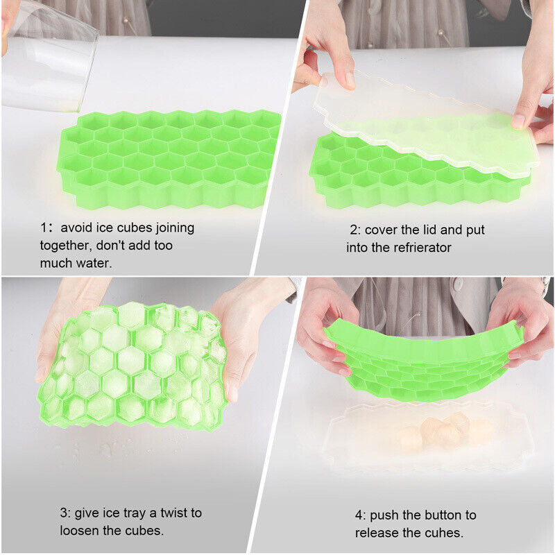 Ice Cube Tray, Set of 2 Honeycomb Shape Silicone Ice Cube Mold with Lid Storage