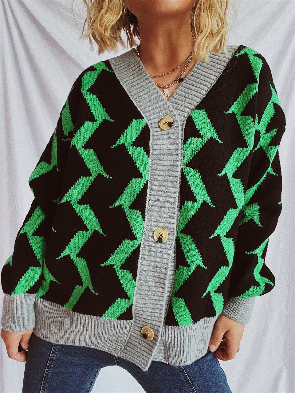 Contrast Trim Geometric V-Neck Long Sleeve Cardigan-BT8D