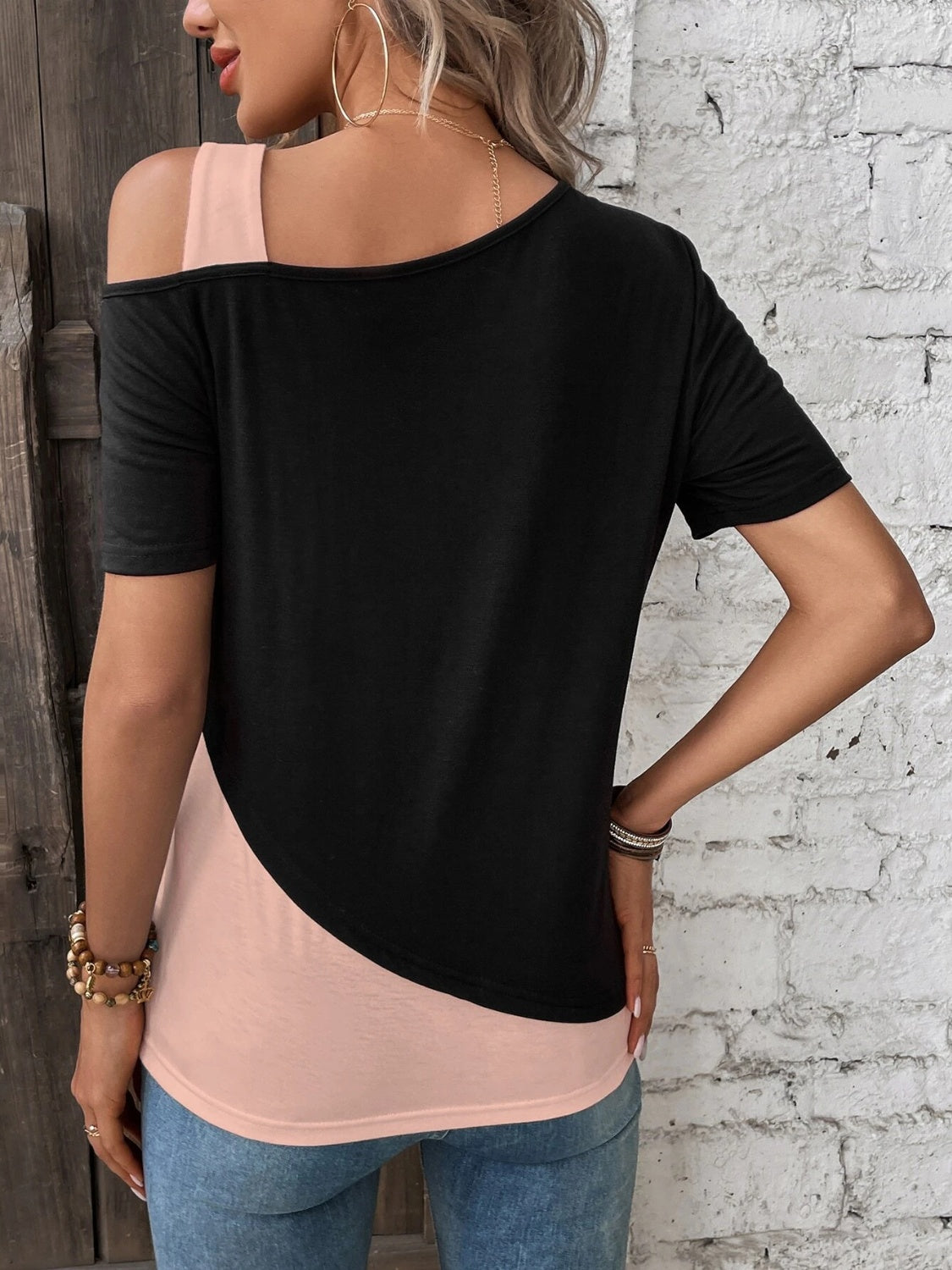 Contrast Asymmetrical Neck Short Sleeve T-Shirt-BT8D