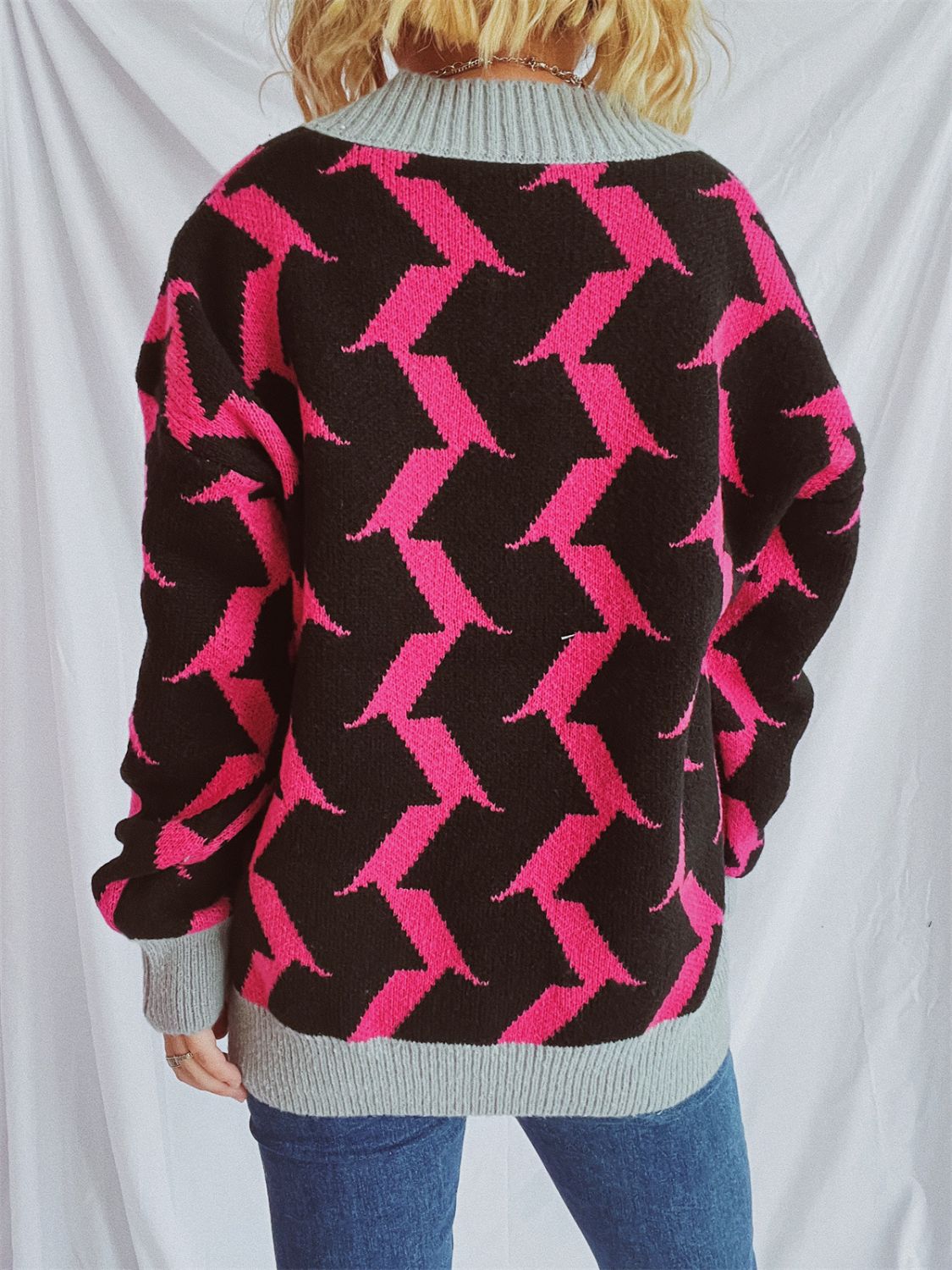 Contrast Trim Geometric V-Neck Long Sleeve Cardigan-BT8D