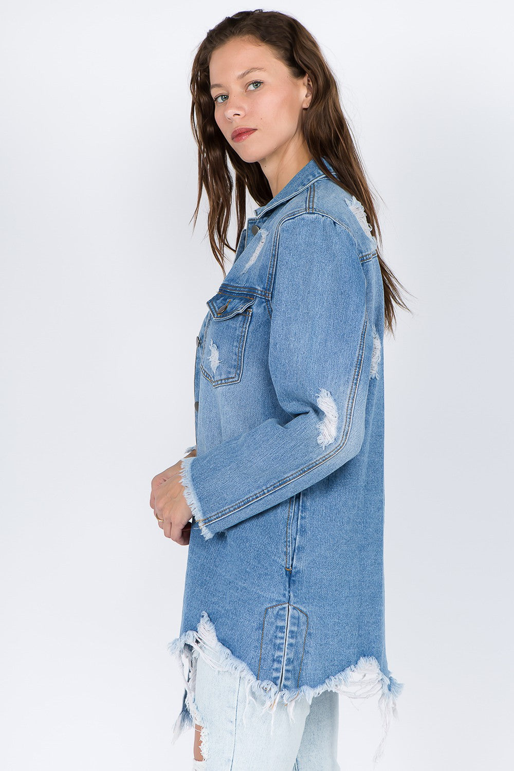 American Bazi Distressed Frayed Hem Denim Jacket-BT8D