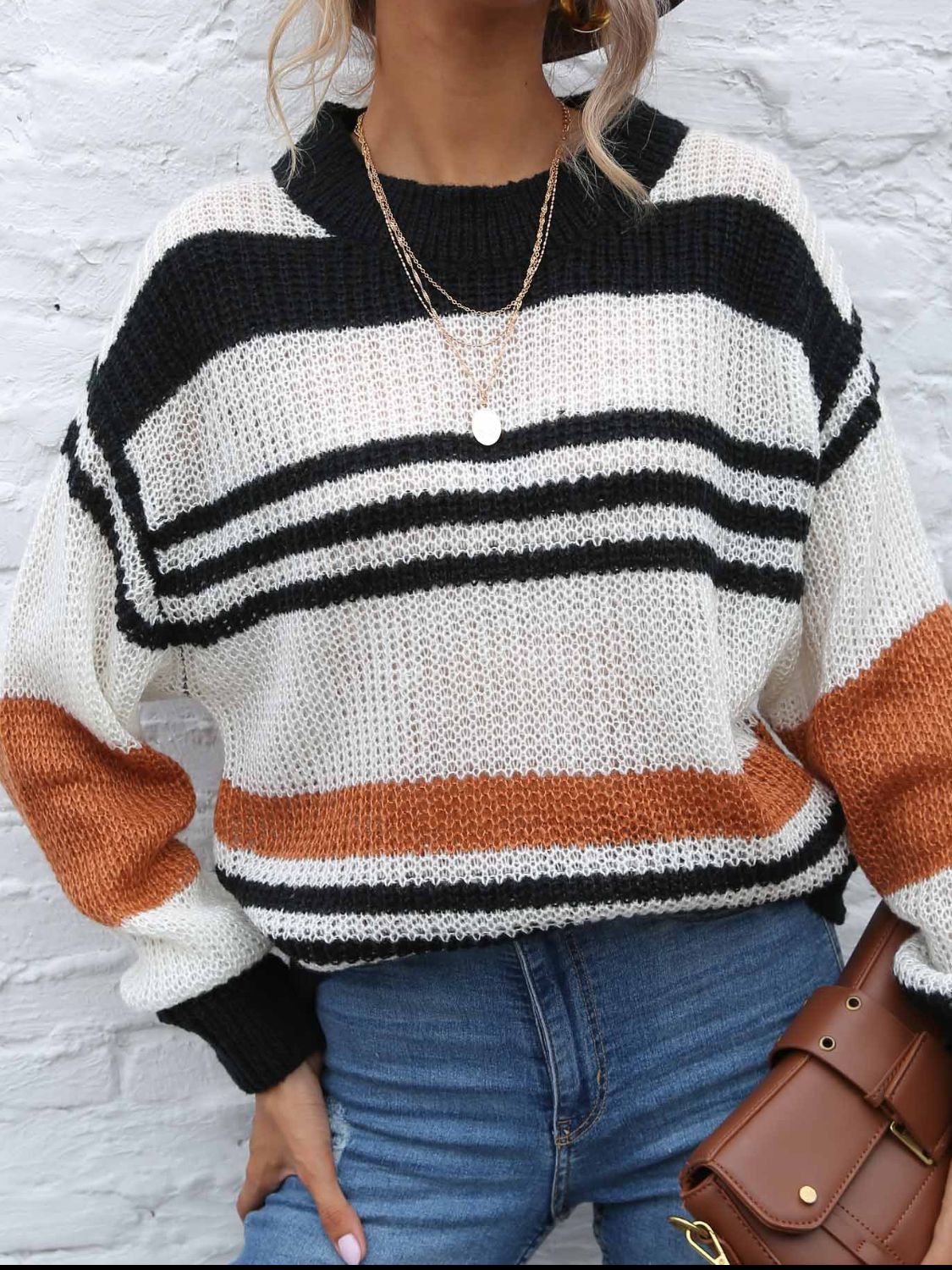 Contrast Striped Round Neck Long Sleeve Sweater-BT8D
