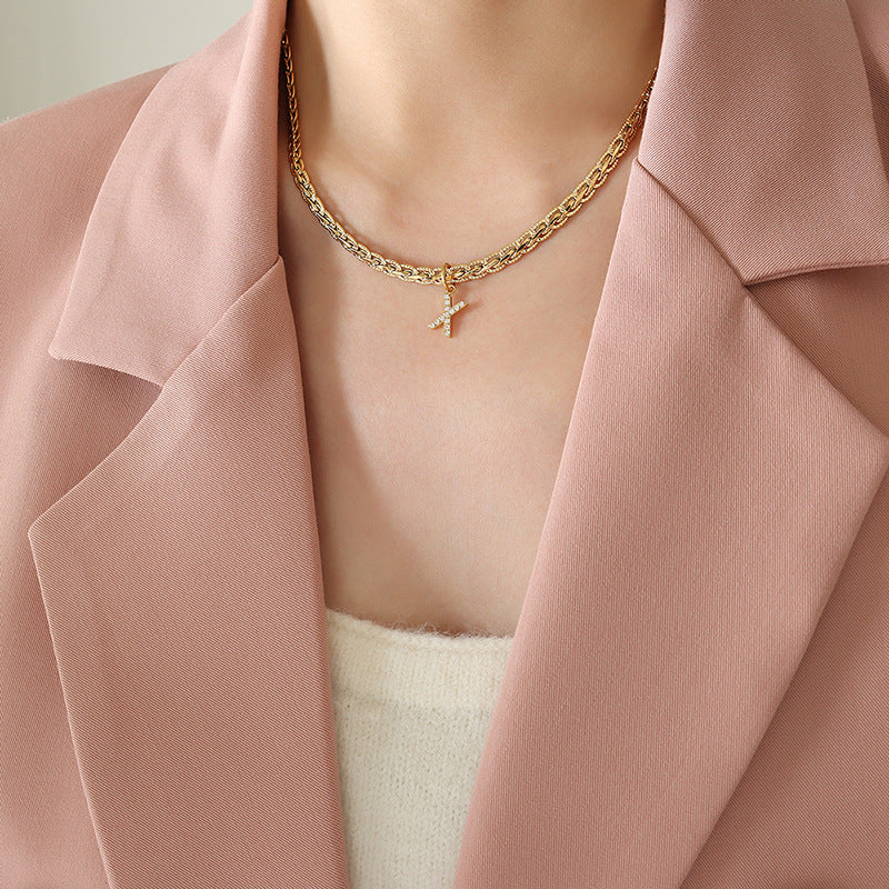 Brass Inlaid Zircon Letter Pendant Necklace-BT8D