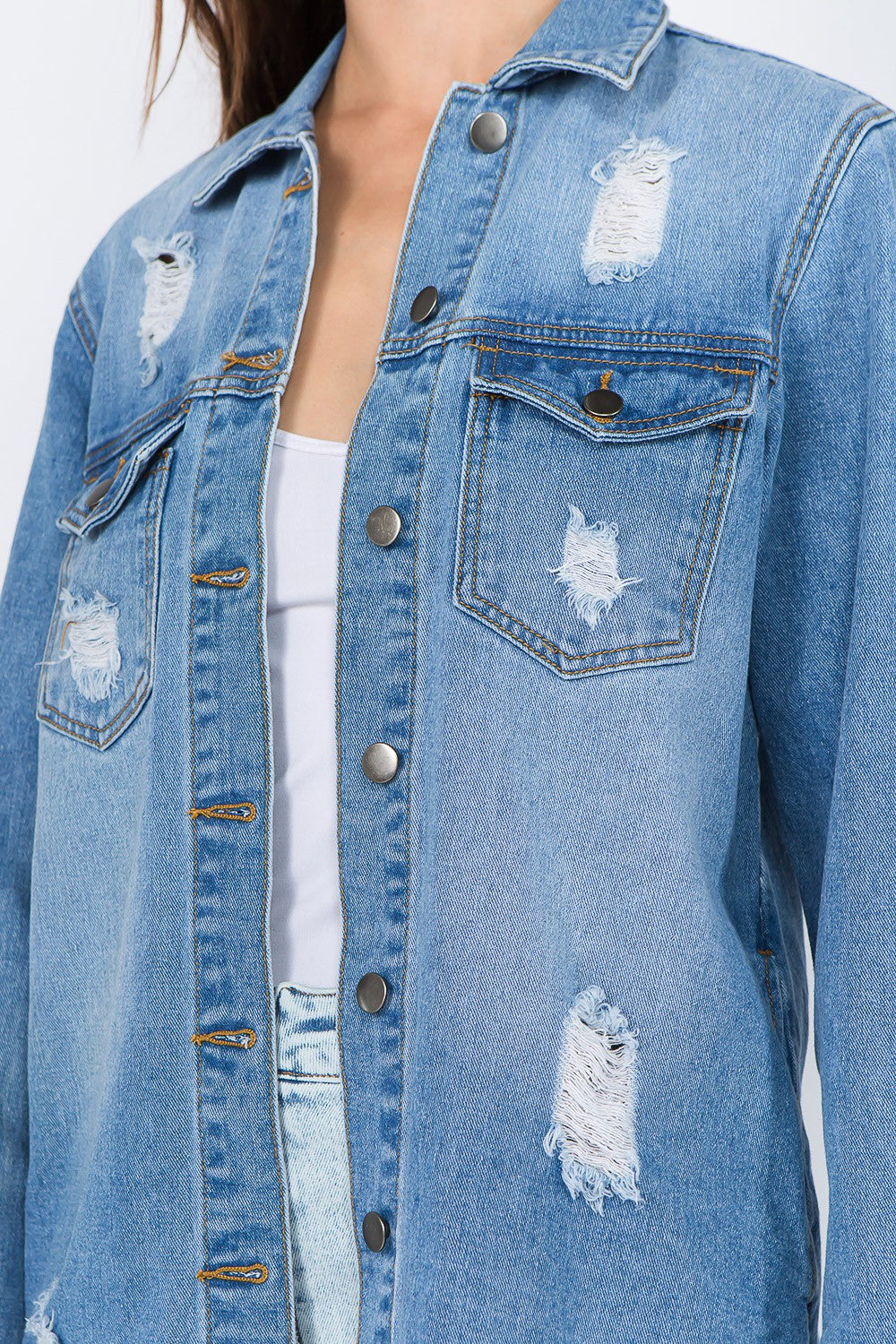 American Bazi Distressed Frayed Hem Denim Jacket-BT8D