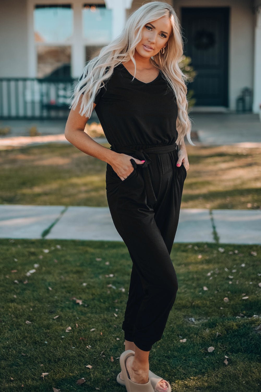 Belted V-Neck Jogger Jumpsuit-BT8D