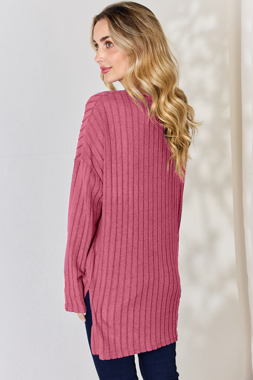 Basic Bae Full Size Ribbed Half Button Long Sleeve High-Low T-Shirt-BT8D