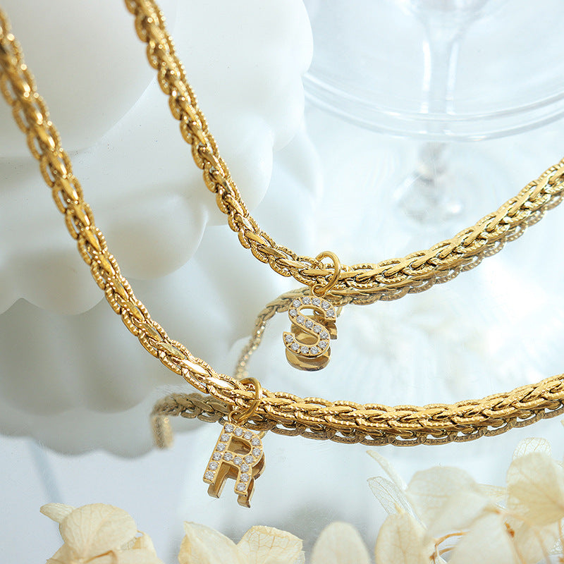 Brass Inlaid Zircon Letter Pendant Necklace-BT8D