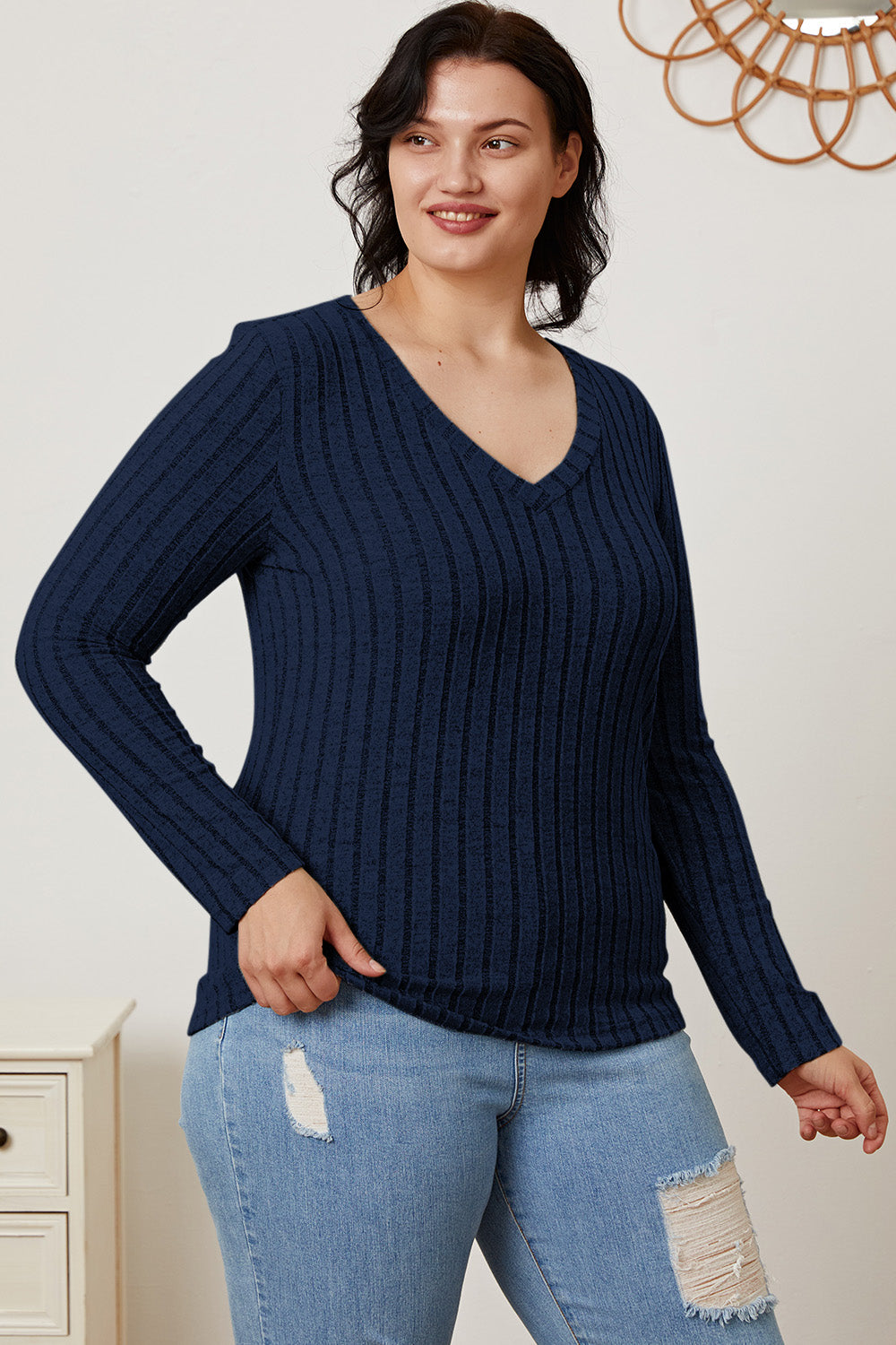 Basic Bae Full Size Ribbed V-Neck Long Sleeve T-Shirt-BT8D