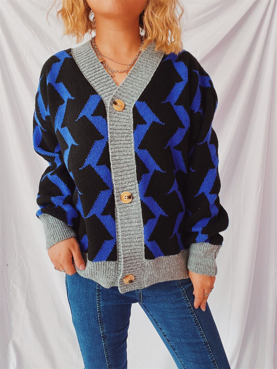 Contrast Trim Geometric V-Neck Long Sleeve Cardigan-BT8D