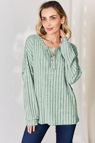 Basic Bae Full Size Ribbed Half Button Long Sleeve T-Shirt-BT8D