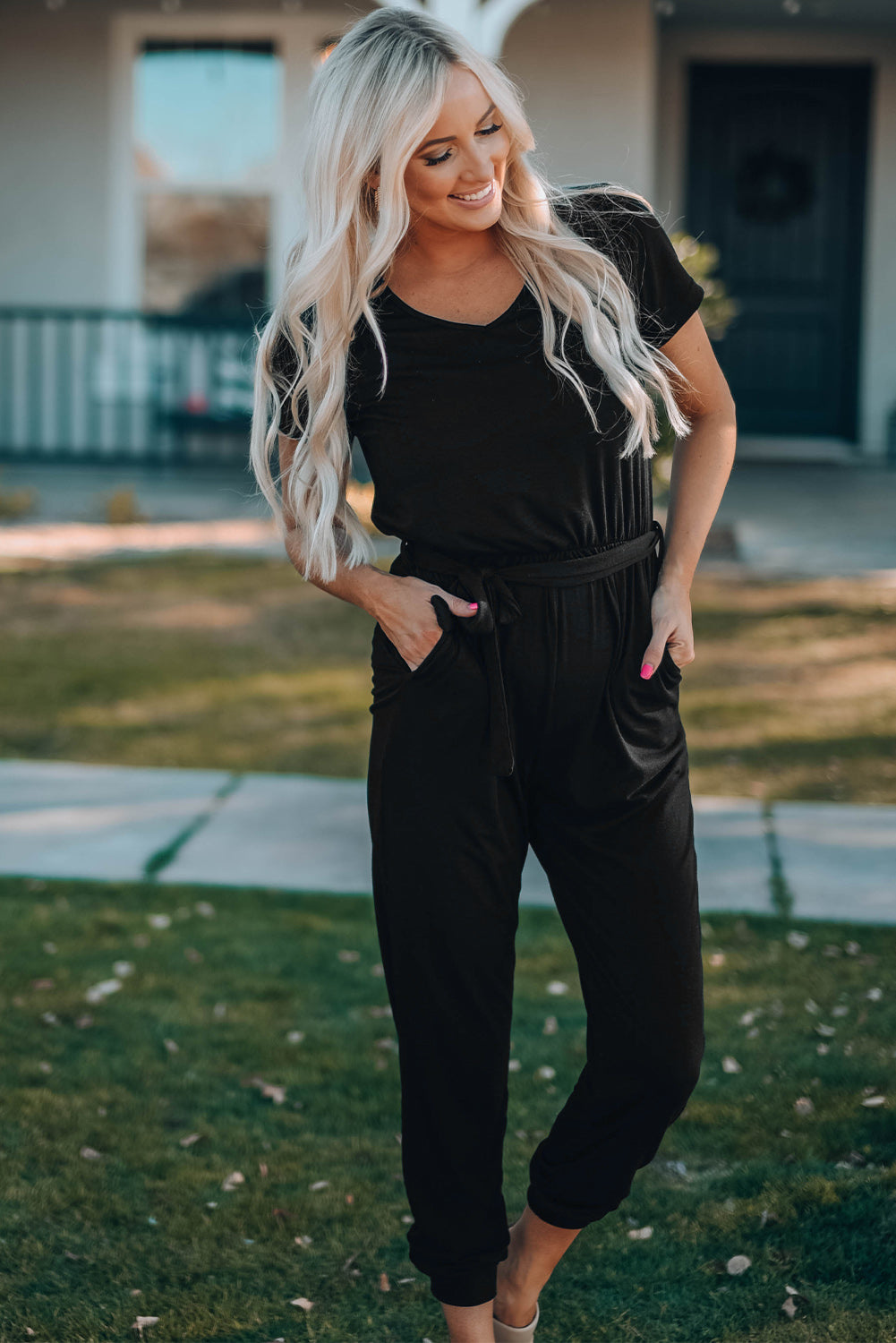 Belted V-Neck Jogger Jumpsuit-BT8D