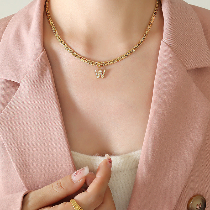 Brass Inlaid Zircon Letter Pendant Necklace-BT8D