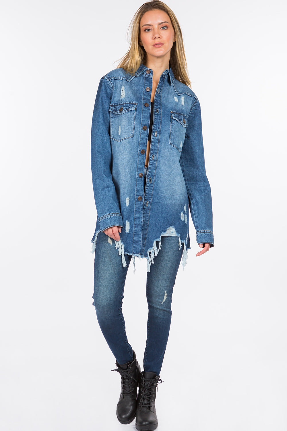 American Bazi Distressed Frayed Hem Denim Jacket-BT8D