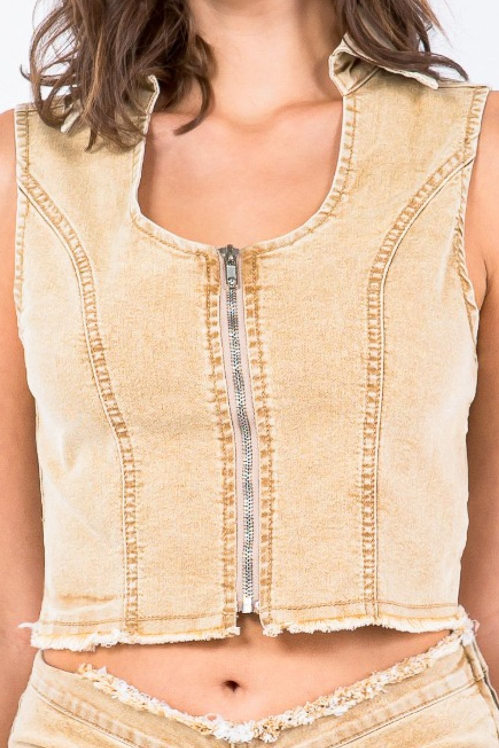 American Bazi Zip Up Washed Crop Denim Vest-BT8D