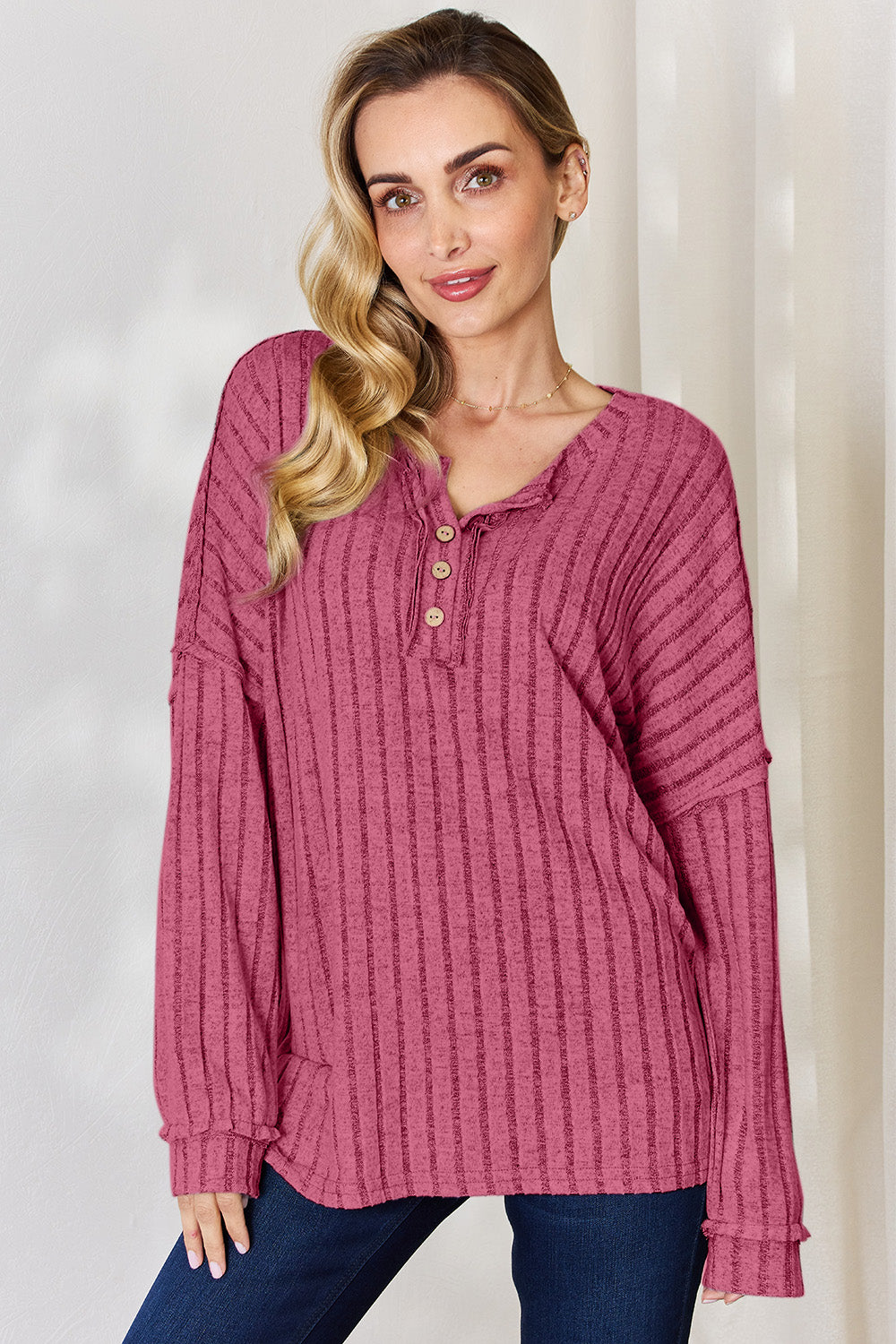 Basic Bae Full Size Ribbed Half Button Long Sleeve T-Shirt-BT8D
