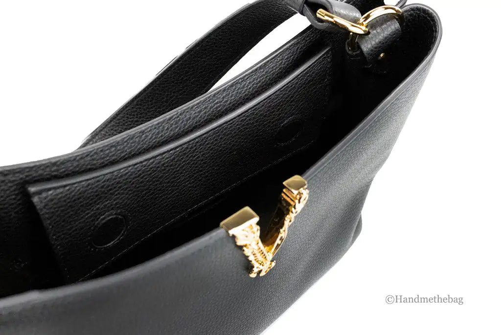Versace Virtus Small Black Leather Hobo Shoulder Crossbody Bag