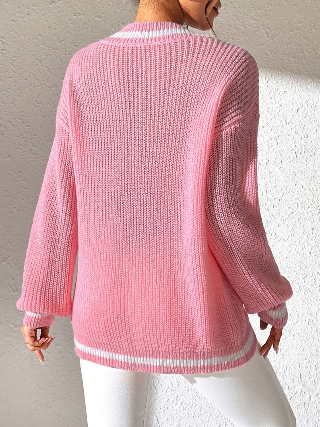 Contrast Trim V-Neck Long Sleeve Sweater-BT8D