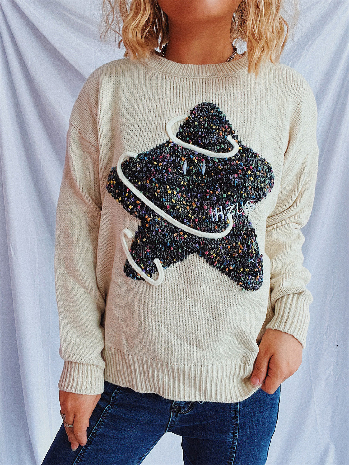 Contrast Star Round Neck Long Sleeve Sweater-BT8D