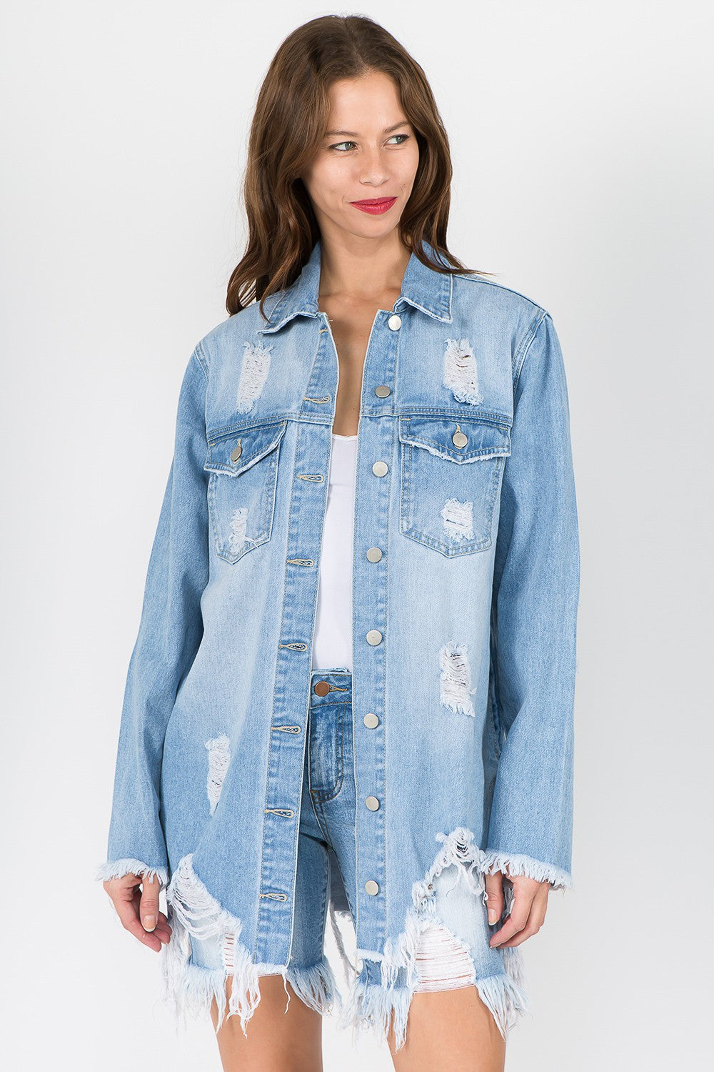 American Bazi Distressed Frayed Hem Denim Jacket-BT8D
