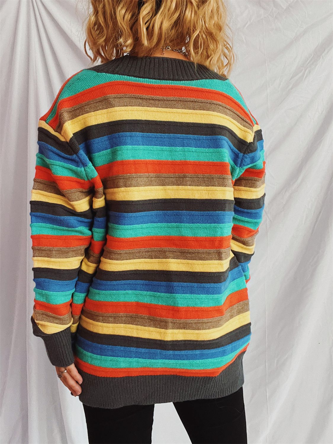 Contrast Stripes Button Up Long Sleeve Cardigan-BT8D