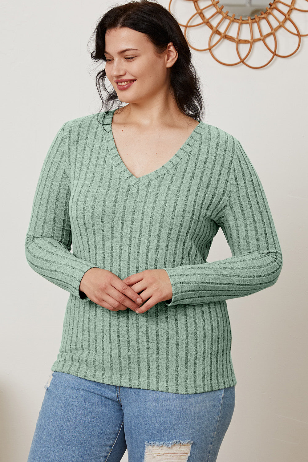 Basic Bae Full Size Ribbed V-Neck Long Sleeve T-Shirt-BT8D